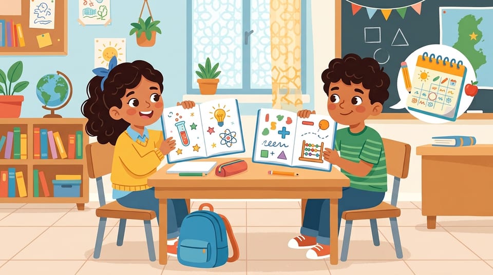 Maya et Adam comparent leurs matières préférées avec leurs cahiers ouverts